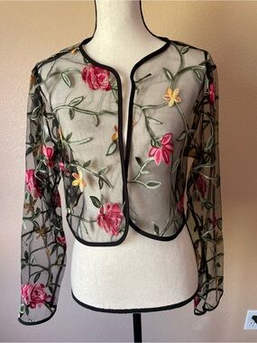 NWOT Floral Embroidered Black Mesh Cropped Jacket Shrug | Size XL New